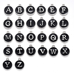 Черный Буквица a ~ z алфавит эмалевые брелоки, плоские круглые диски двусторонние брелоки, платиновое покрытие, эмалированные подвески из сплава с пайетками, чёрные, 14x12x2 мм, отверстие : 1.5 мм, 26 шт / комплект