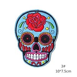 Light Sky Blue Sugar Skull Appliques for Cinco de Mayo, Computerized Embroidery Cloth Iron On/Sew On Patches, Costume Accessories, Light Sky Blue, 100x75~76mm
