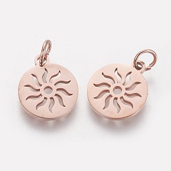 Rose Gold 304 Stainless Steel Pendants, Flat Round with Sun, Rose Gold, 14x12x1.1mm, Hole: 3mm
