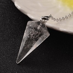 Quartz Crystal Platinum Tone Brass Crystal Cone Hexagonal Pointed Dowsing Pendulums, with Lobster Claw Clasps, 230x3mm