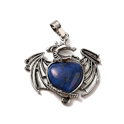Lapis Lazuli Natural Lapis Lazuli Dyed Heart Pendants, Dragon Charms, with Rack Plating Antique Silver Plated Brass Findings, Lead Free & Cadmium Free, 33x33.5~34x7~7.5mm, Hole: 8x5mm