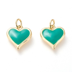 Green Real 18K Gold Plated Brass Charms, with Enamel and Jump Rings, Long-Lasting Plated, Heart, Green, 14x13x2.8mm, Jump Ring: 5x1mm, 3mm Inner Diameter