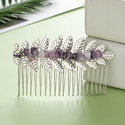 Lilac Jade Leaf Natural Lilac Jade Chips Hair Combs, with Iron Combs, Hair Accessories for Women Girls, 45x80x10mm