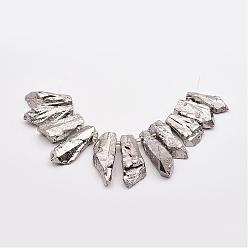 Platinum Plated Electroplated Natural Crystal Bead Strands, Nuggets, Platinum Plated, 33~42x8~12x7~10mm, Hole: 1.5mm, about 11pcs/strand, 5.51 inch