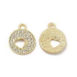 Light Gold Alloy Crystal Rhinestone Pendants, Flat Round Charms with Hollow Heart, Nickel, Light Gold, 17x14x2mm, Hole: 2mm