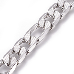 Stainless Steel Color 304 Stainless Steel Figaro Chains, Unwelded, Textured, Stainless Steel Color, 11.5mm, Links: 17x11.5x3mm