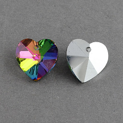 Colorful Heart Electroplated Glass Pendants, Silver Plated Bottom, Faceted, Colorful, 14x14x8mm, Hole: 1.5mm