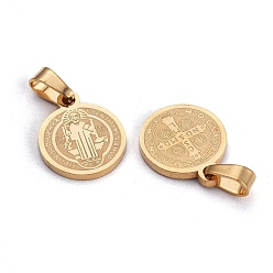 Golden Flat Round with San Benito & Word 304 Stainless Steel Charms, Golden, 14x12x1.2mm, Hole: 4x6.5mm