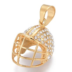 Золотой 304 подвески из нержавеющей стали, с кристально горный хрусталь, футбольный шлем, золотые, 22.5x23x31 мм, отверстие : 8x11 мм