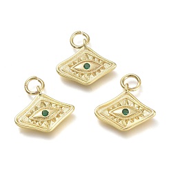 Dark Green Brass Micro Pave Cubic Zirconia Pendants, with Jump Rings, Diamond with Evil Eye, Real 18K Gold Plated, Dark Green, 13x15x2mm, Hole: 3.6mm
