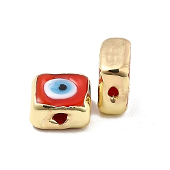 Red Brass Enamel Beads, Long-Lasting Plated, Real 18K Gold Plated, Square with Evil Eye Pattern, Red, 10~11x10~11x4.5~5.5mm, Hole: 1.6~1.8mm