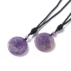 Amethyst Natural Amethyst Flat Round with Hexagon Pendant Necklace with Nylon Cord for Women, 25.59~27.95 inch(65~71cm)