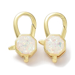 Octagon Rack Plating Brass Lobster Claw Clasps, with Resin Imitation Opal, Cadmium Free & Lead Free, Real 18K Gold Plated, Long-Lasting Plated, Octagon, 18x10x6mm, Hole: 3x1.5mm