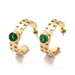 Golden Emerald Rhinestone Geometry Stud Earrings, Ion Plating(IP)304 Stainless Steel Half Hoop Earrings for Women, Golden, 22x7x22mm, Pin: 0.8mm