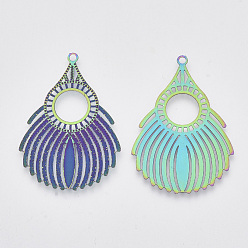 Rainbow Color Ion Plating(IP) 304 Stainless Steel Filigree Pendants, Etched Metal Embellishments, Rainbow Color, 39x27x0.3mm, Hole: 1.6mm