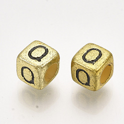 Letter Q Acrylic Beads, Horizontal Hole, Metallic Plated, Cube with Letter.Q, 6x6x6mm, 2600pcs/500g