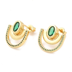 Green Fan Shape Ear Stud for Men Women, Brass With Cubic Zirconia Stud Earrings, Real 16K Gold Plated, Green, 15.5x16.5mm