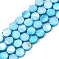 Bleu Ciel Foncé Chapelets de perles en coquille eau douce , teint, plat rond, bleu profond du ciel, 8x2.5~3.5mm, Trou: 0.8mm, Environ 50~51 pcs/chapelet, 15.35 pouces~15.75 pouces (39cm~40cm)
