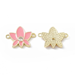 Pearl Pink Rack Plating Brass Pave Clear Cubic Zirconia Connector Charms, Lotus Flower Links, with Enamel, Long-Lasting Plated, Lead Free & Cadmium Free, Real 18K Gold Plated, Pearl Pink, 21x16x2.5mm, Hole: 1.8mm