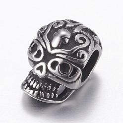 Antique Silver 304 Stainless Steel European Beads, Large Hole Beads, Skull, Antique Silver, 12x8x9mm, Hole: 4mm