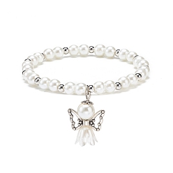 White Glass & Plastic Imitation Pearl Beaded Stretch Bracelet with Alloy Fairy Charm for Women, White, Inner Diameter: 2-1/4 inch(5.7cm)