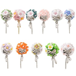 Mixed Color Luminous Glow in the Dark Polymer Clay Pave Rhinestone Round Beads with Resin Flower, Bowknot Beads with Chains Tassel, Mixed Color, 40mm, Hole: 1.8mm