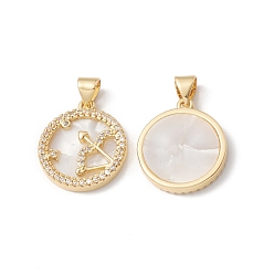 Sagittarius Rack Plating Brass Shell Pendants, with Cubic Zirconia & Natural Shell, Flat Round with Constellation Charms, Cadmium Free & Lead Free, Long-Lasting Plated, Real 18K Gold Plated, Sagittarius, 19x16x3mm, Hole: 4x3.5mm