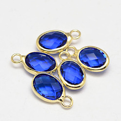 Blue Oval Faceted Golden Tone Brass Glass Charms, Blue, 12x7x3.5mm, Hole: 1mm