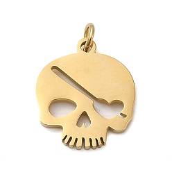 Real 14K Gold Plated Halloween 304 Stainless Steel Charms, with Jump Ring, Skull Charm, Real 14K Gold Plated, 11.4x9.8x0.9mm, Hole: 1.7mm