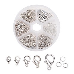 Platinum 1 Box Zinc Alloy Lobster Claw Clasps and Iron Jump Rings Jewelry Findings, Platinum, Clasps: 10~20.5x6~13x3.5~5.5mm, Hole: 1~2mm, about 70pcs/box, Jump Rings: 6x1mm, about 40~50pcs/box