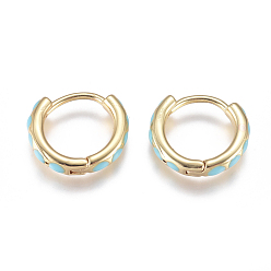 Turquoise Golden Plated Brass Huggie Hoop Earrings, with Enamel and Clear Cubic Zirconia, Ring, Turquoise, 14x13x3mm, Pin: 1mm