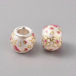FloralWhite Opaque Printed Glass European Beads, Large Hole Beads, with Brass Silver Color Plated Core, Rondelle with Flower Pattern, Hot Pink, 12x10mm, Hole: 5mm
