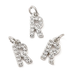 Real Platinum Plated Brass Micro Pave Grade AAA Cubic Zirconia Charms, Letter R, Cadmium Free & Nickel Free & Lead Free, Real Platinum Plated, 9x5x1.5mm, Hole: 2mm