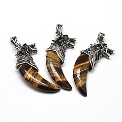 Tiger Eye Antique Silver Zinc Alloy Natural Tiger Eye Big Pendants, Tusk Shape with Wolf, Lead Free & Nickel Free, 53~57x23x10mm, Hole: 4.5x8mm