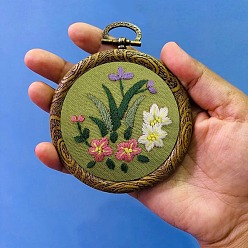 Green Yellow DIY Pendant Decoration Embroidery Kits, Including Printed Cotton Fabric, Embroidery Thread & Needles, Embroidery Hoop, Flower Pattern, Green Yellow, Embroidery Hoop: 100mm