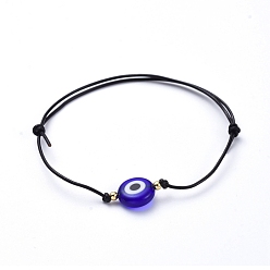 Blue Adjustable Cowhide Cord Bracelets, with Brass Beads and Handmade Evil Eye Lampwork Beads, Blue, Inner Diameter: 2-1/4 inch~3-7/8 inch(5.8~10cm)