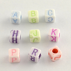 Mixed Color Colorful Craft Style Acrylic Beads, Horizontal Hole, Cube with Letter, Mixed Color, 5x5x5mm, Hole: 2.5mm, about 3700pcs/500g
