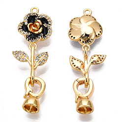 Black Brass Crystal Rhinestone Fold Over Clasps, with Enamel, Real 18K Gold Plated, Flower, Black, Flower: 17x12x4mm, Leaf: 15x12.5x4.5mm, Clasps: 12x7x6mm, Inner Diamater: 4.5mm, Pin: 0.6mm