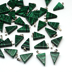 Malachite Triangle Dyed Malachite Pendants, with Platinum Tone Brass Findings, 22~25x14~15x5~7mm, Hole: 2x7mm