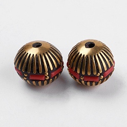 Red Handmade Indonesia Beads, with Brass Findings, Nickel Free, Bicone, Raw(Unplated), Flat Round, Red, 14x15mm, Hole: 1mm