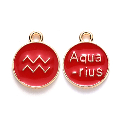 Aquarius Alloy Enamel Pendants, Flat Round with Constellation, Light Gold, Red, Aquarius, 15x12x2mm, Hole: 1.5mm, 50pcs/Box