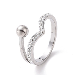Color de Acero Inoxidable Ola de diamantes de imitación de cristal con anillo de dedo de bola redonda, 304 joyas de acero inoxidable para mujer, color acero inoxidable, tamaño de EE. UU. 6~9 (16.5~18.9 mm)