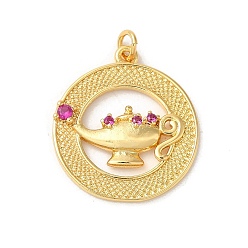 Real 18K Gold Plated Rack Plating Brass Micro Pave Cubic Zirconia Pendants, with Jump Ring, Long-Lasting Plated, Lead Free & Cadmium Free, Flat Round with Magic Lamp, Deep Pink, Real 18K Gold Plated, 21.5x19x3mm, Hole: 2.5mm