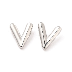 Letter V Brass Hollow Out Initial Letter Stud Earrings for Women, Platinum, Lead Free & Cadmium Free, Letter.V, 7x6x1.5mm, Pin: 0.8mm