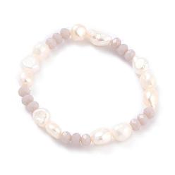 Gris Bracelets extensibles en perles baroques naturelles, avec des perles de verre rondelles à facettes et des sacs de jute, grises , 2-1/8 pouces ~ 2-1/2 pouces (5.55~6.45 cm)