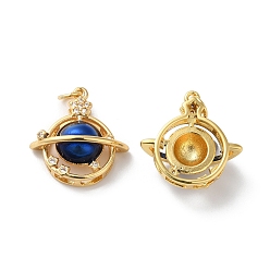 Dark Blue Rack Plating Brass Micro Pave Clear Cubic Zirconia Pendants, with Jump Ring and Enamel, Lead Free & Cadmium Free, Planet Charm, Real 18K Gold Plated, Dark Blue, 19.5x19x8mm, Hole: 3.5mm
