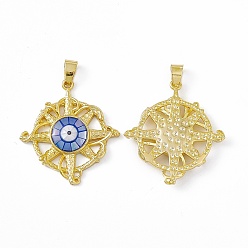 Royal Blue Natural Shell Pendants, Flat Round Charms with Evil Eye, Dyed, with Rack Plating Golden Tone Brass Findings, Long-Lasting Plated, Royal Blue, 33x30x4mm, Hole: 6x4mm