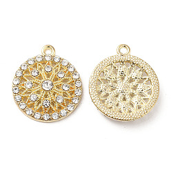 Light Gold Alloy Pendants, with Crystal Rhinstone, Flat Round with Flower Charm, Lead Free & Cadmium Free, Light Gold, 23x19.5x4mm, Hole: 1.6mm