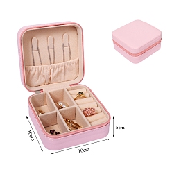 Pink Квадратный органайзер для ювелирных изделий из искусственной кожи, коробки на молнии, Портативный дорожный футляр для драгоценностей с бархатным внутри, для сережек, , Кольца, розовые, 10x10x5 см