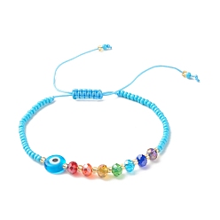 Deep Sky Blue Flat Round Evil Eye Lampwork Braided Bead Bracelet, Glass Seed Beads Adjustable Bracelet for Women, Deep Sky Blue, Inner Diameter: 2-3/8~4-1/8 inch(5.9~10.4cm)